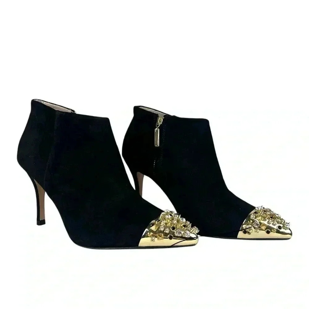 ZARA Black Suede Stiletto Booties w/ Rhinestone Studded Gold Toes Size 7.5 / 38